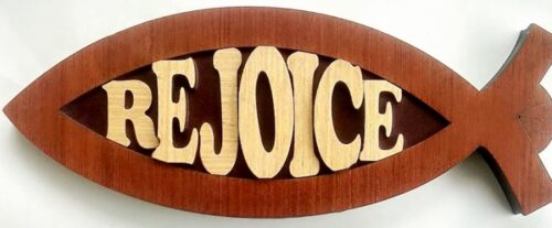 810013850345 Rejoice Fish Shaped Wood Plaque