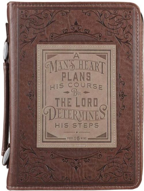 1220000137332 Brown Faux Leather Classic Bible Cover A Mans Heart - Proverbs 16:9 Bible Case"