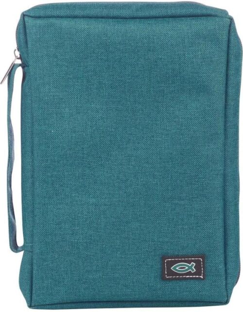 6006937139572 Teal Canvas Bible Cover for Men and Women with Jesus Fish Symbol Applique