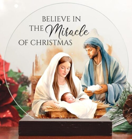 096069786030 Believe In The Miracle Of Christmas Nativity Round Glass Sitter