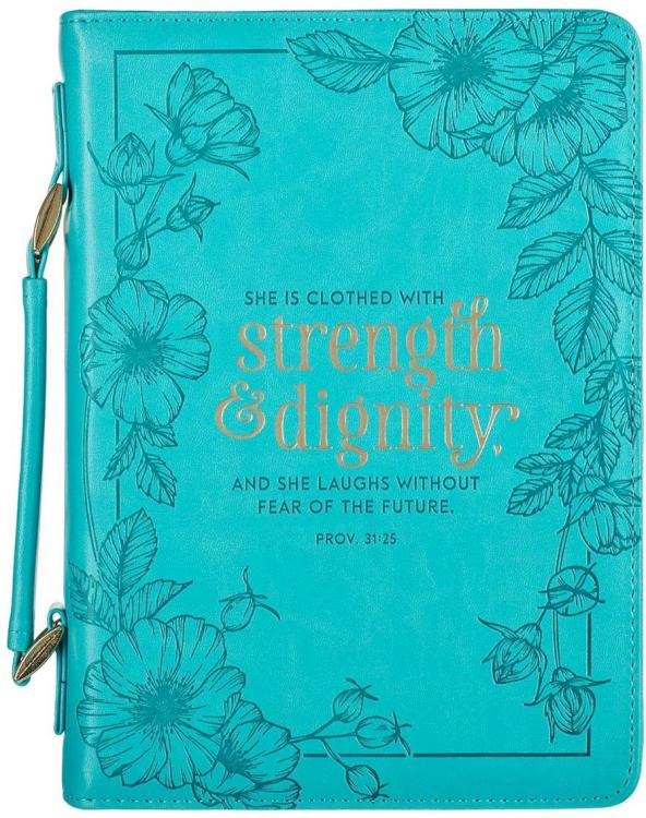 1220000137127 Teal Floral Fashion Bible Cover for Women She is Clothed Strength Dignity Prover