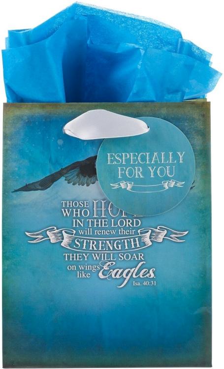 6006937120426 Blue Scripture Gift Bag w/Tissue Paper: On Wings Like Eagles - Isa. 40:31