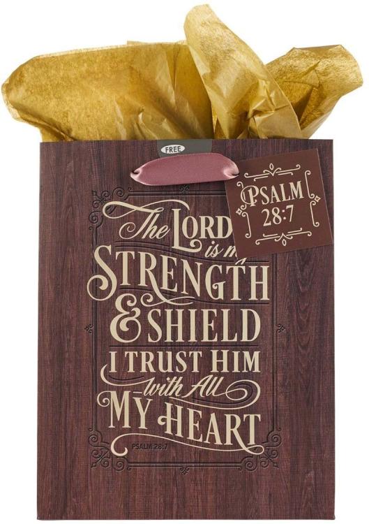 1220000134218 Gold/Wood Gift Bag & Tissue Paper Set The Lord is My Strength Psalm 28:7