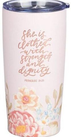 1220000327634 Strength And Dignity Pink Floral Stainless Steel Travel Tumbler Proverbs 31
