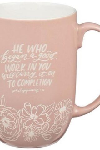 1220000328129 Good Work Pink Floral Ceramic Coffee Mug Philippians 1:6
