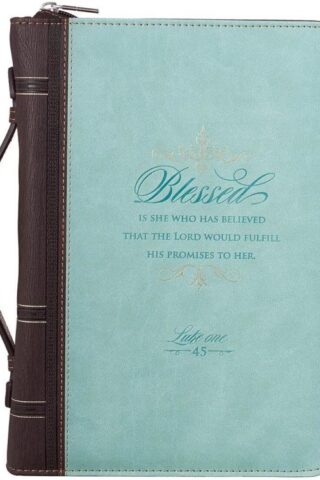 6006937139039 Light Blue and Brown Faux Leather Fashion Bible Cover  Blessed is She Who Has Be