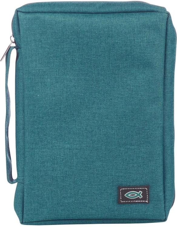 6006937139695 Teal Canvas Bible Cover for Men and Women with Jesus Fish Symbol Applique