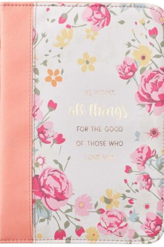 1220000131811 Peach Faux Leather Bible Cover for Women  He Works All Things  Romans 8:28  Zi"